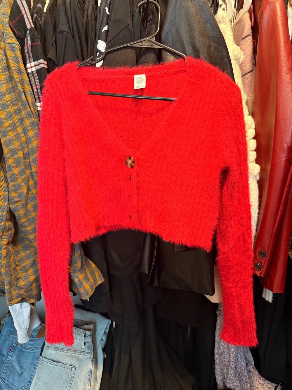 Urban Outfitters Red Fuzzy Cropped Cardigan